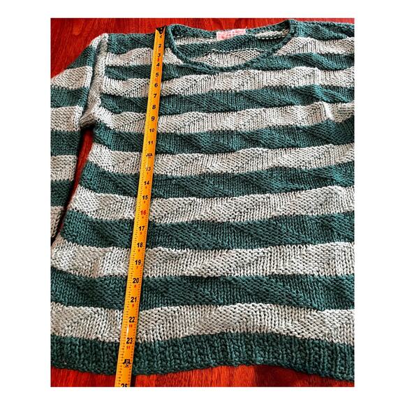 Hand Knit Striped Sweater Teal & Aqua Pullover Long Sleeve Women’s M 21x26 - Picture 3 of 5